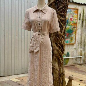 Beige Linen Blend Shirt Dress Tie Waist